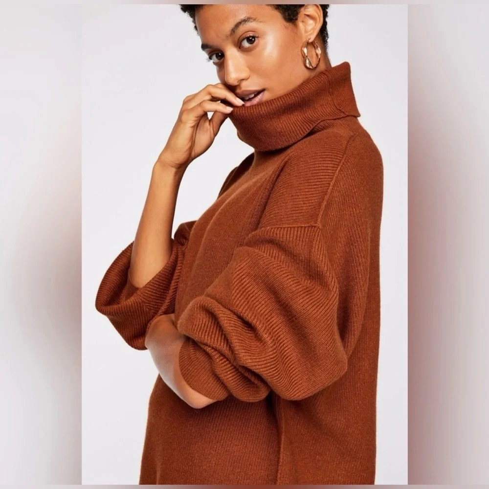 Free‎ People Softly Structured Knit Tunic Rust Color Turtleneck Sweater Small